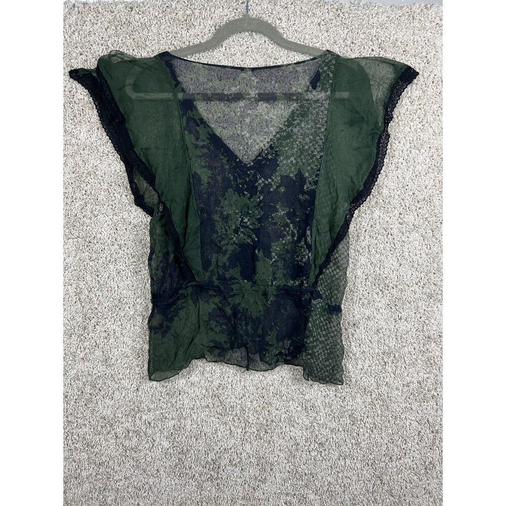 Elie Tahari Sheer Blouse Green Floral V Neck Sleeveless Top Womens - Picture 4 of 7
